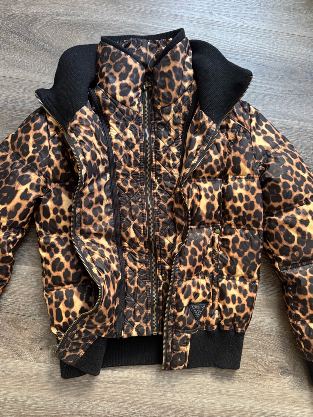 Guess Down Feather Filled Leopard Print Puffer Bomber Coat Funnel Neck XS